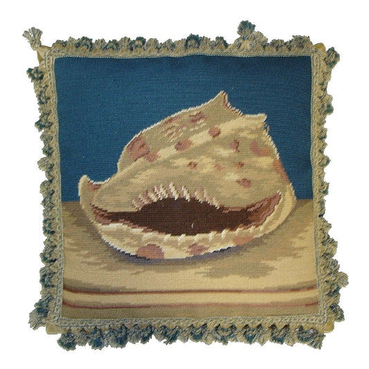 Handmade Wool Needlepoint Pillow Cover - Decorative Throw Cushion Cover - Vintage Floral Embroidery Design sea sprialshell with 2 color tassel