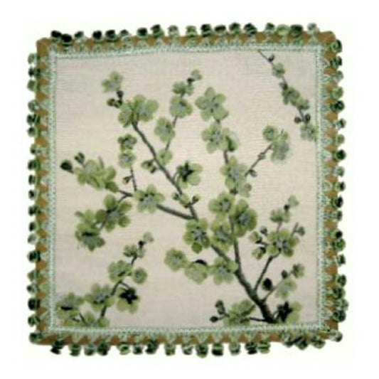 Handmade Wool Needlepoint Pillow Cover - Decorative Throw Cushion Cover - Vintage Floral Embroidery Design green blooming plums with tassels