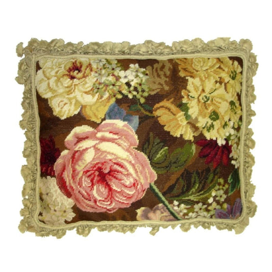 Handmade Wool Needlepoint Pillow Cover - Decorative Throw Cushion Cover - Vintage Floral Embroidery Design pink roses & flower with tassels