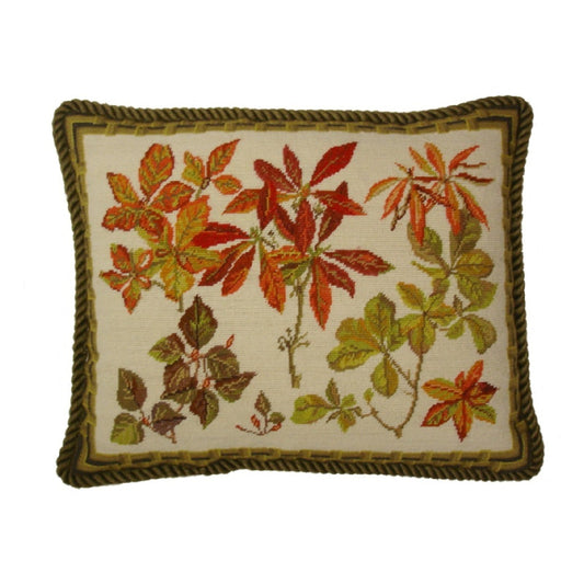 Handmade Wool Needlepoint Pillow Cover - Decorative Throw Cushion Cover - Vintage Floral Embroidery Design banboo frame autumn leaves with cording