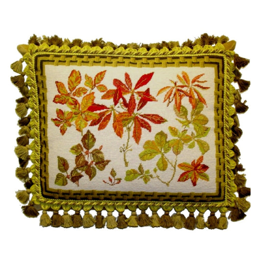 Handmade Wool Needlepoint Pillow Cover - Decorative Throw Cushion Cover - Vintage Floral Embroidery Design leaves with brown bamboo frame 3 color tassels