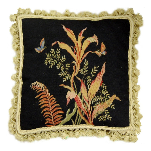 Handmade Wool Needlepoint Pillow Cover - Decorative Throw Cushion Cover - Vintage Floral Embroidery Design tropical fern 2 blue butterflies black background with tassels