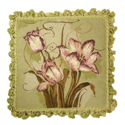 Handmade Wool Needlepoint Pillow Cover - Decorative Throw Cushion Cover - Vintage Floral Embroidery Design Kathryn White designtulip trumeau with tassel
