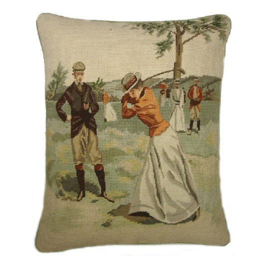 Handmade Wool Needlepoint Pillow Cover - Decorative Throw Cushion Cover - Vintage Floral Embroidery Design background Golfer