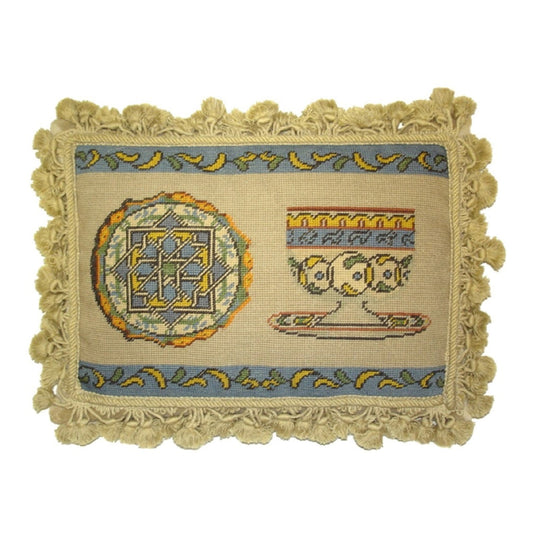 Handmade Wool Needlepoint Pillow Cover - Decorative Throw Cushion Cover - Vintage Floral Embroidery Design French antique tea cup set with tassels