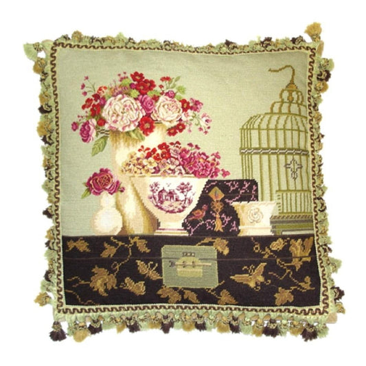 Handmade Wool Needlepoint Pillow Cover - Decorative Throw Cushion Cover - Vintage Floral Embroidery Design Kathryn White Design I