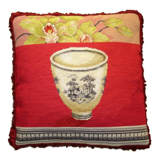 Handmade Wool Needlepoint Pillow Cover - Decorative Throw Cushion Cover - Vintage Floral Embroidery Design Kathryn White Design O