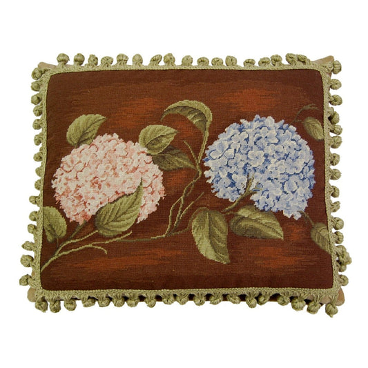 Handmade Wool Needlepoint Pillow Cover - Decorative Throw Cushion Cover - Vintage Floral Embroidery Design brown background pink & blue hydrangea with tassels