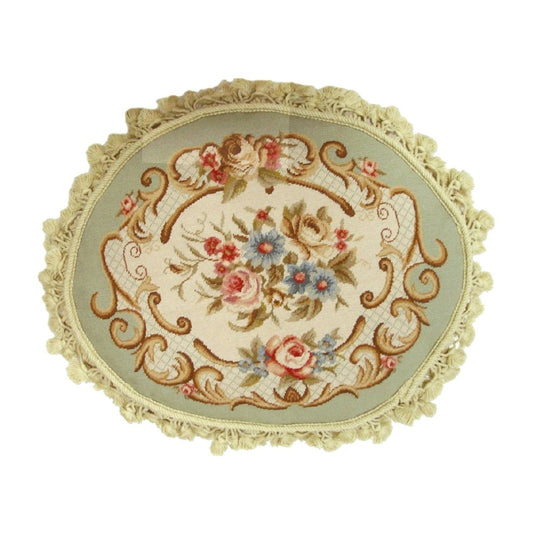 Handmade Wool Needlepoint Pillow Cover - Decorative Throw Cushion Cover - Vintage Floral Embroidery Design oval pillow central flower light green frame nature tassels