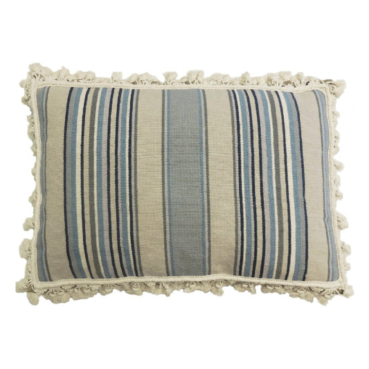Handmade Wool Needlepoint Pillow Cover - Decorative Throw Cushion Cover - Vintage Floral Embroidery Design strips in blue/sand/navy/ivory with tassels
