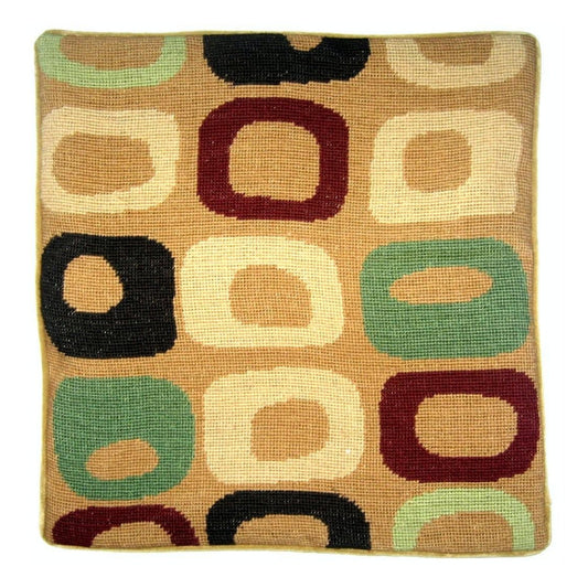 Handmade Wool Needlepoint Pillow Cover - Decorative Throw Cushion Cover - Vintage Floral Embroidery Design little square in red, green, sand on gold background