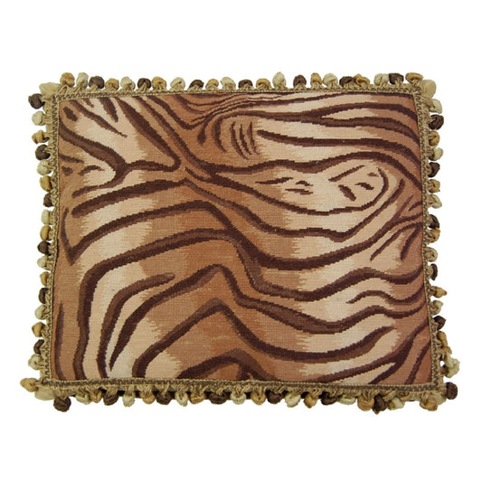 Handmade Wool Needlepoint Pillow Cover - Decorative Throw Cushion Cover - Vintage Floral Embroidery Design Tiger animal print with 3 color tassel