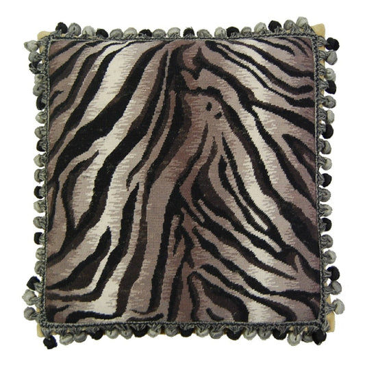 Handmade Wool Needlepoint Pillow Cover - Decorative Throw Cushion Cover - Vintage Floral Embroidery Design Zabera animal print with bush tassel