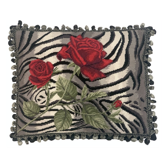 Handmade Wool Needlepoint Pillow Cover - Decorative Throw Cushion Cover - Vintage Floral Embroidery Design B/W tiger print red rose with 3 color tassel