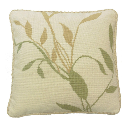 Handmade Wool Needlepoint Pillow Cover - Decorative Throw Cushion Cover - Vintage Floral Embroidery Design green/yellow leaves off-white background with cording