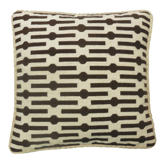 Handmade Wool Needlepoint Pillow Cover - Decorative Throw Cushion Cover - Vintage Floral Embroidery Design brown lines checkers cording