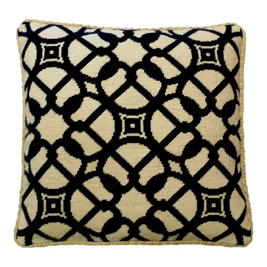 Handmade Wool Needlepoint Pillow Cover - Decorative Throw Cushion Cover - Vintage Floral Embroidery Design color black window designs checker cording