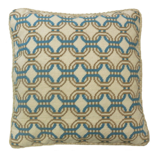 Handmade Wool Needlepoint Pillow Cover - Decorative Throw Cushion Cover - Vintage Floral Embroidery Design chain circle lake blue/mustard yellow checker cording