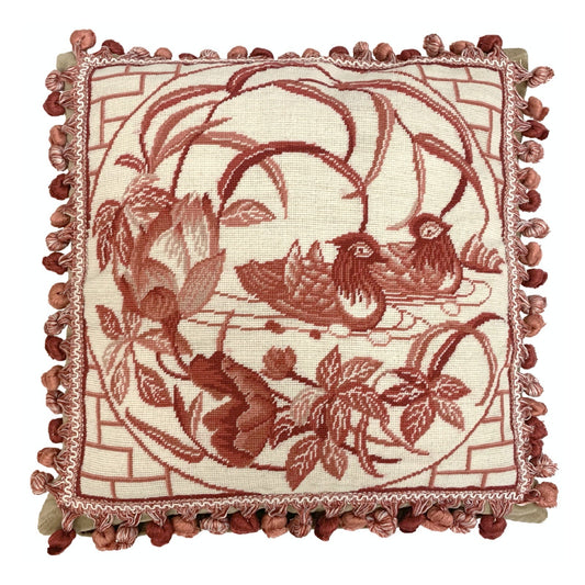 Handmade Wool Needlepoint Pillow Cover - Decorative Throw Cushion Cover - Vintage Floral Embroidery Design red Mandarin Ducks lotus flower with tassels