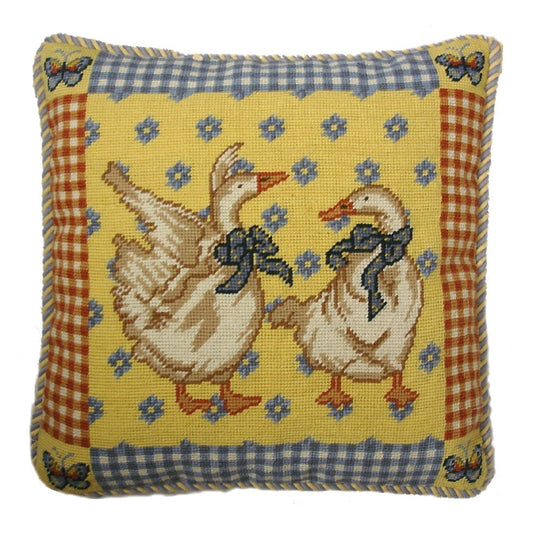Handmade Wool Needlepoint Pillow Cover - Decorative Throw Cushion Cover - Vintage Floral Embroidery Design gees butterfly on 4 corner blue & yellow cording