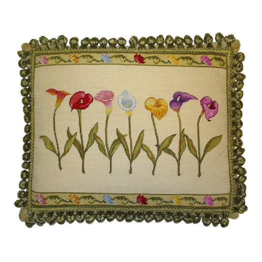 Handmade Wool Needlepoint Pillow Cover - Decorative Throw Cushion Cover - Vintage Floral Embroidery Design with 2 color tassel I