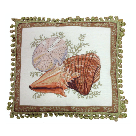 Handmade Wool Needlepoint Pillow Cover - Decorative Throw Cushion Cover - Vintage Floral Embroidery Design Wendy Russells Shell-1 with tassel