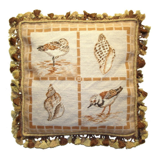 Handmade Wool Needlepoint Pillow Cover - Decorative Throw Cushion Cover - Vintage Floral Embroidery Design stone shells and birds with tassel