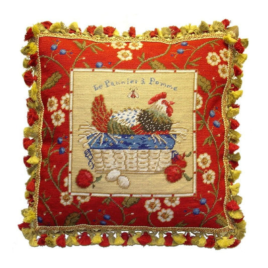 Handmade Wool Needlepoint Pillow Cover - Decorative Throw Cushion Cover - Vintage Floral Embroidery Design SudiMcCollums design Le Panier a Pomme, with bea and 3 color tassel