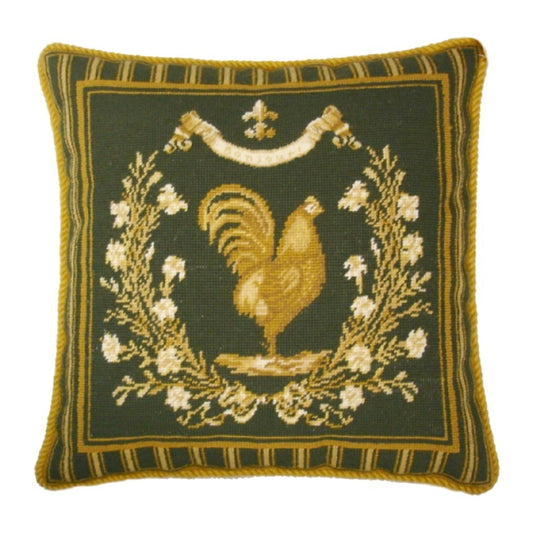 Handmade Wool Needlepoint Pillow Cover - Decorative Throw Cushion Cover - Vintage Floral Embroidery Design Gayle Bighouses design french country rooster green