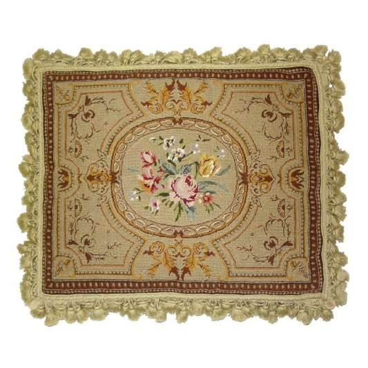 Handmade Wool Needlepoint Pillow Cover - Decorative Throw Cushion Cover - Vintage Floral Embroidery Design old antique golden frame & roses center with gold tassels