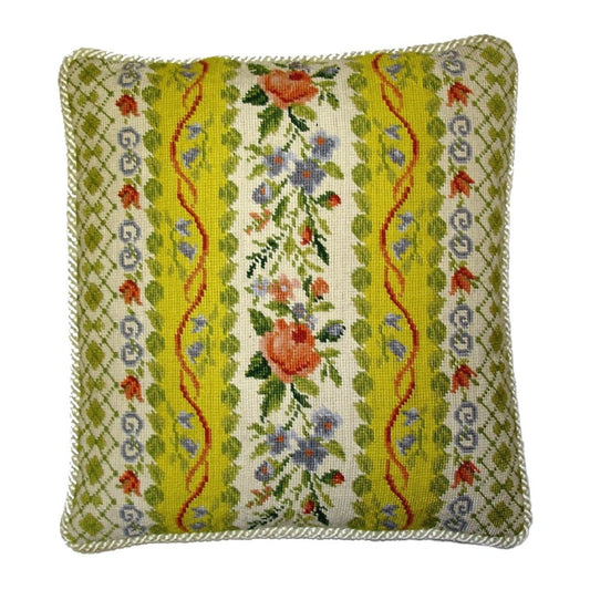 Handmade Wool Needlepoint Pillow Cover - Decorative Throw Cushion Cover - Vintage Floral Embroidery Design All check & flower with ivory cording