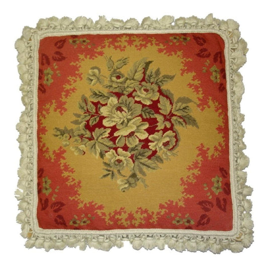 Handmade Wool Needlepoint Pillow Cover - Decorative Throw Cushion Cover - Vintage Floral Embroidery Design All central floral red frame with nature tassels