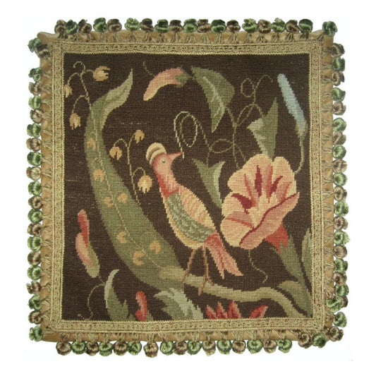 Handmade Wool Needlepoint Pillow Cover - Decorative Throw Cushion Cover - Vintage Floral Embroidery Design morning-glory/bird with tassel