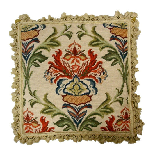 Handmade Wool Needlepoint Pillow Cover - Decorative Throw Cushion Cover - Vintage Floral Embroidery Design William Morris Design with nature tassels