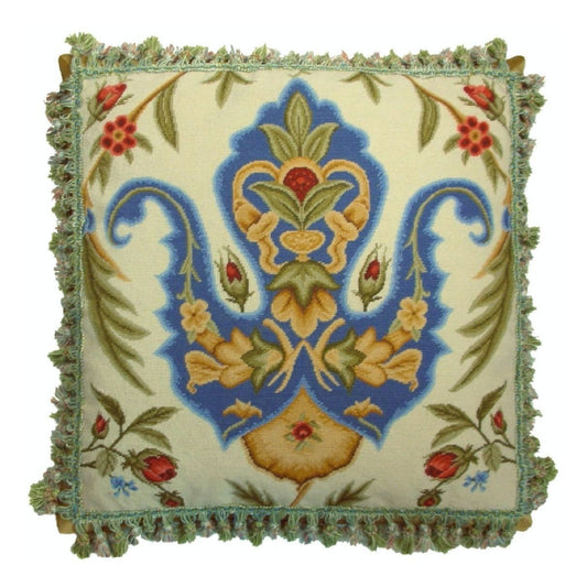 Handmade Wool Needlepoint Pillow Cover - Decorative Throw Cushion Cover - Vintage Floral Embroidery Design blue tulip red roses with tassels