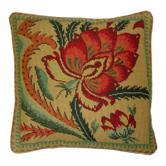Handmade Wool Needlepoint Pillow Cover - Decorative Throw Cushion Cover - Vintage Floral Embroidery Design flower in shade of rich gold, red, green