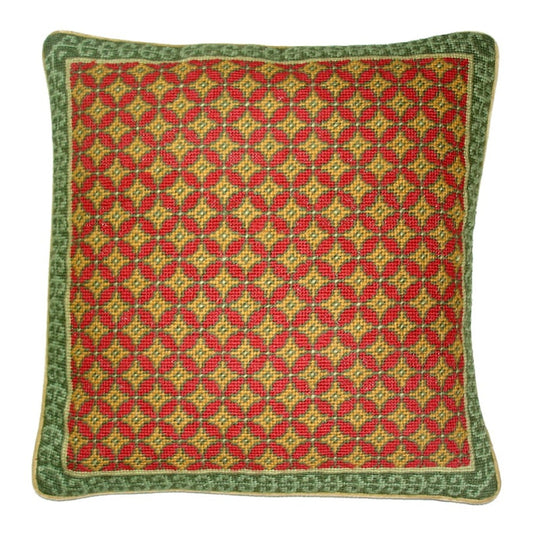 Handmade Wool Needlepoint Pillow Cover - Decorative Throw Cushion Cover - Vintage Floral Embroidery Design checkers in shade of rich gold, red, green