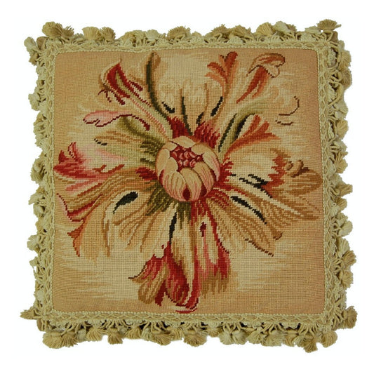 Handmade Wool Needlepoint Pillow Cover - Decorative Throw Cushion Cover - Vintage Floral Embroidery Design Corn Flower center with tassel