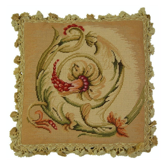 Handmade Wool Needlepoint Pillow Cover - Decorative Throw Cushion Cover - Vintage Floral Embroidery Design Wheat blooming center circling with tassel