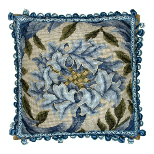 Handmade Wool Needlepoint Pillow Cover - Decorative Throw Cushion Cover - Vintage Floral Embroidery Design William Morris blue Chrysanthemum with 2 color blue tassels