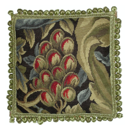 Handmade Wool Needlepoint Pillow Cover - Decorative Throw Cushion Cover - Vintage Floral Embroidery Design William Morris red fruit with tassels