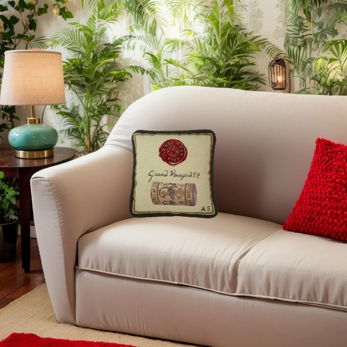 Handmade Wool Needlepoint Pillow Cover - Decorative Throw Cushion Cover - Vintage Floral Embroidery Design cork & seal back Angela Staehling designGrand Vineyard with cording