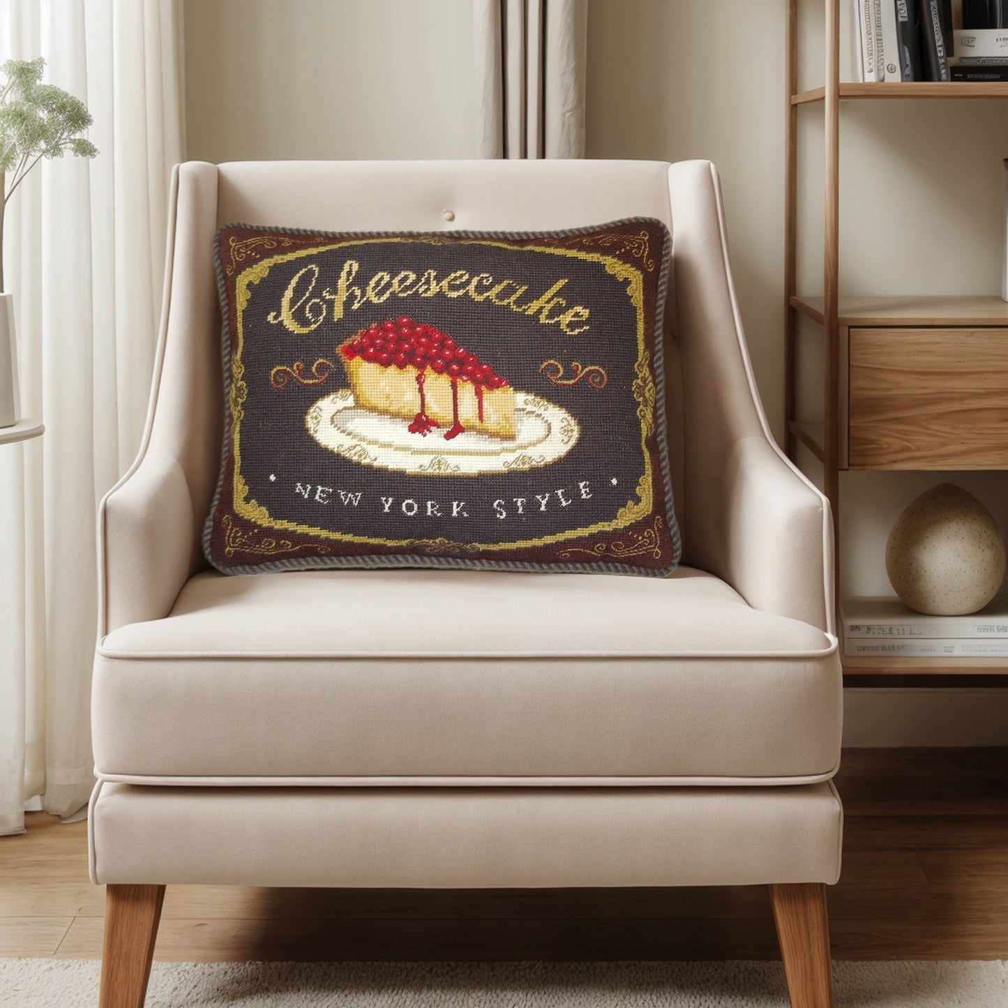 Handmade Wool Needlepoint Pillow Cover - Decorative Throw Cushion Cover - Vintage Floral Embroidery Design cheesecake with brown cording