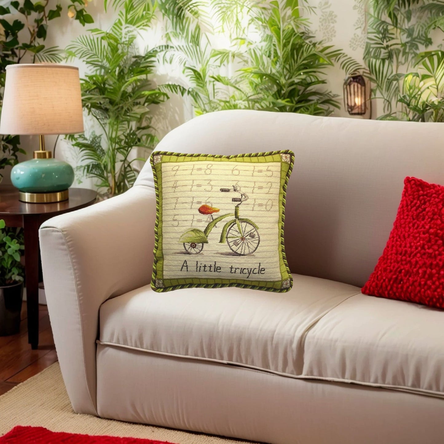 Handmade Wool Needlepoint Pillow Cover - Decorative Throw Cushion Cover - Vintage Floral Embroidery Design Tricycle Lauren Hamilton Design