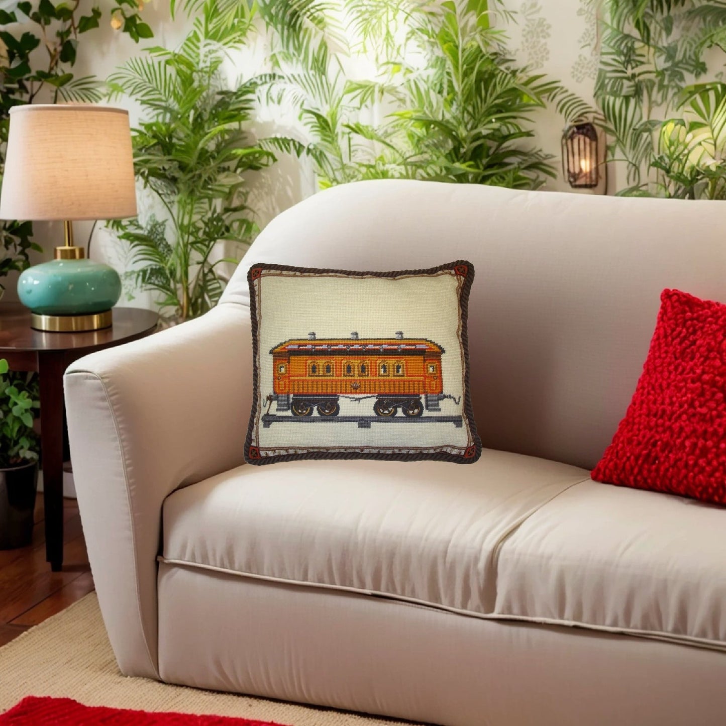 Handmade Wool Needlepoint Pillow Cover - Decorative Throw Cushion Cover - Vintage Floral Embroidery Design train with brown cording