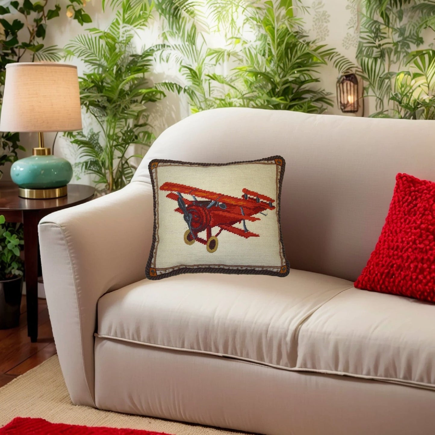 Handmade Wool Needlepoint Pillow Cover - Decorative Throw Cushion Cover - Vintage Floral Embroidery Design plane with brown cording