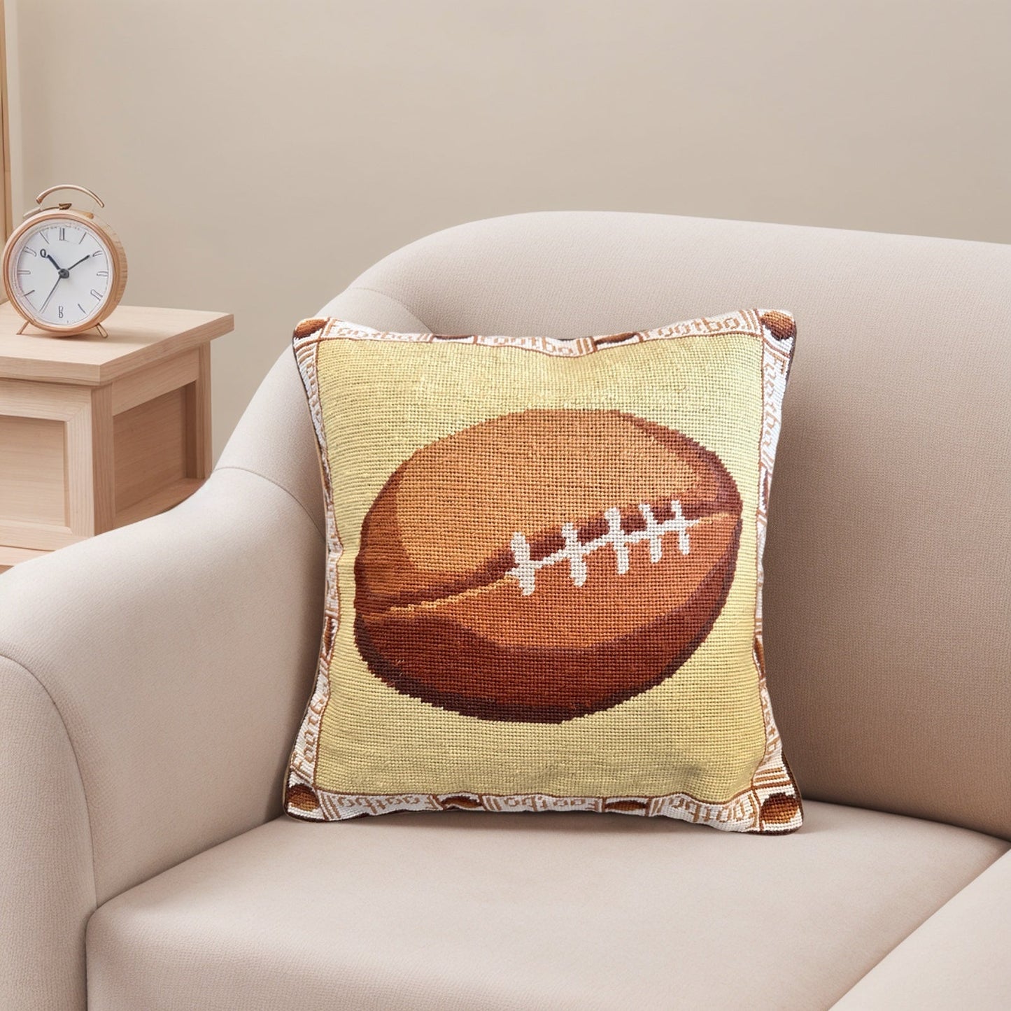 Handmade Wool Needlepoint Pillow Cover - Decorative Throw Cushion Cover - Vintage Floral Embroidery Design football