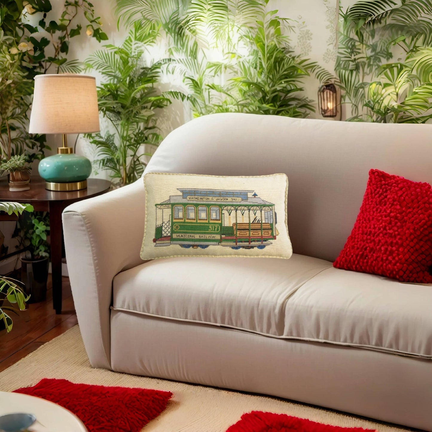 Handmade Wool Needlepoint Pillow Cover - Decorative Throw Cushion Cover - Vintage Floral Embroidery Design SF cable car Washington-Jackson St checker cording