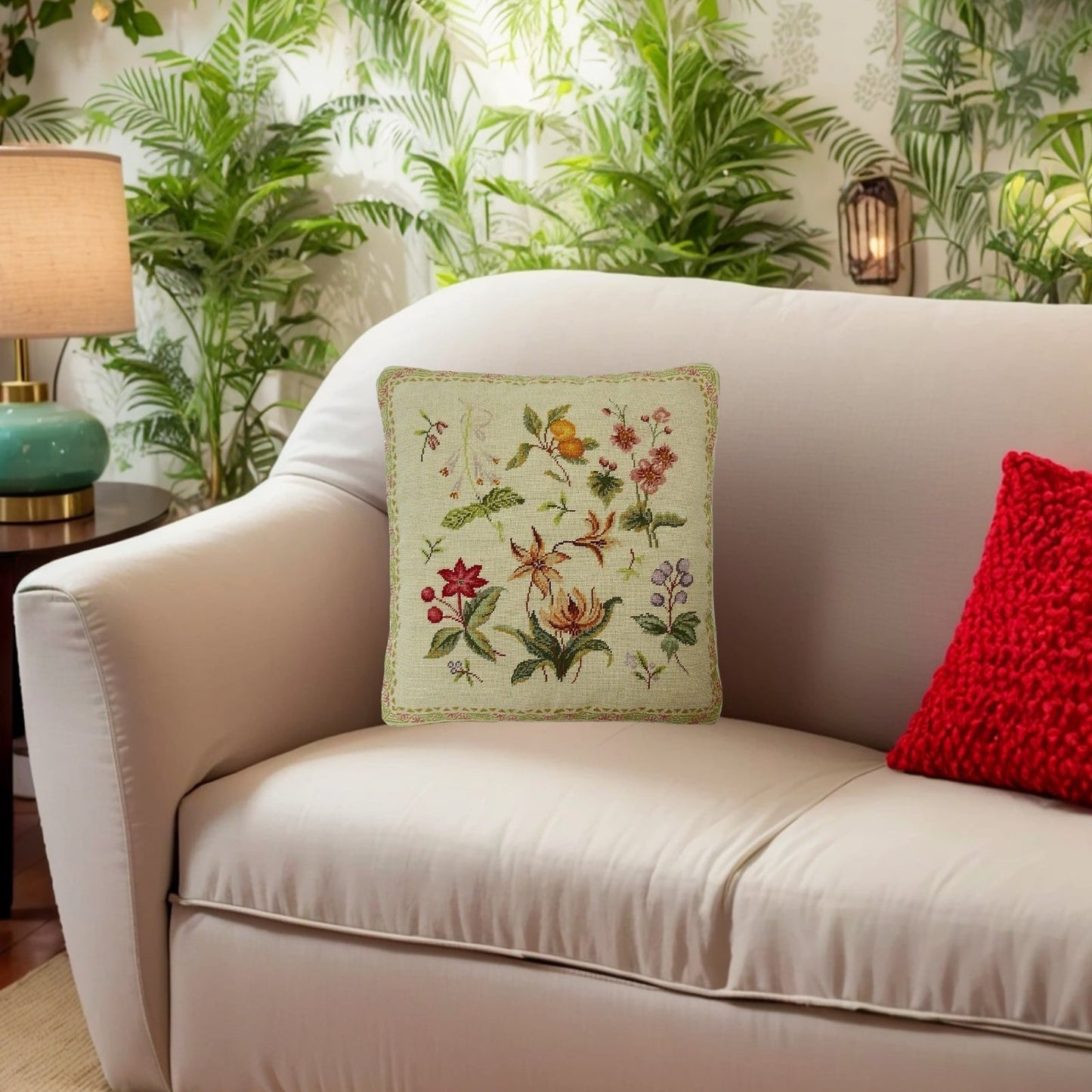 Handmade Wool Needlepoint Pillow Cover - Decorative Throw Cushion Cover - Vintage Floral Embroidery Design Herbers orange fruite