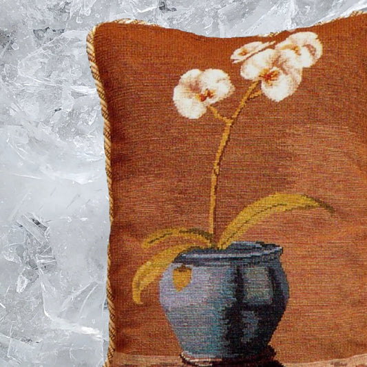 Handmade Wool Needlepoint Pillow Cover - Decorative Throw Cushion Cover - Vintage Floral Embroidery Design white orchard in blue pot with 2 color cording